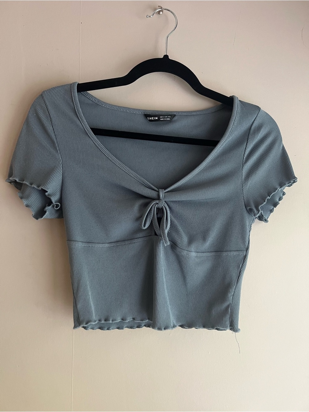 Dusty Blue Ribbed Tie-Front Crop Top